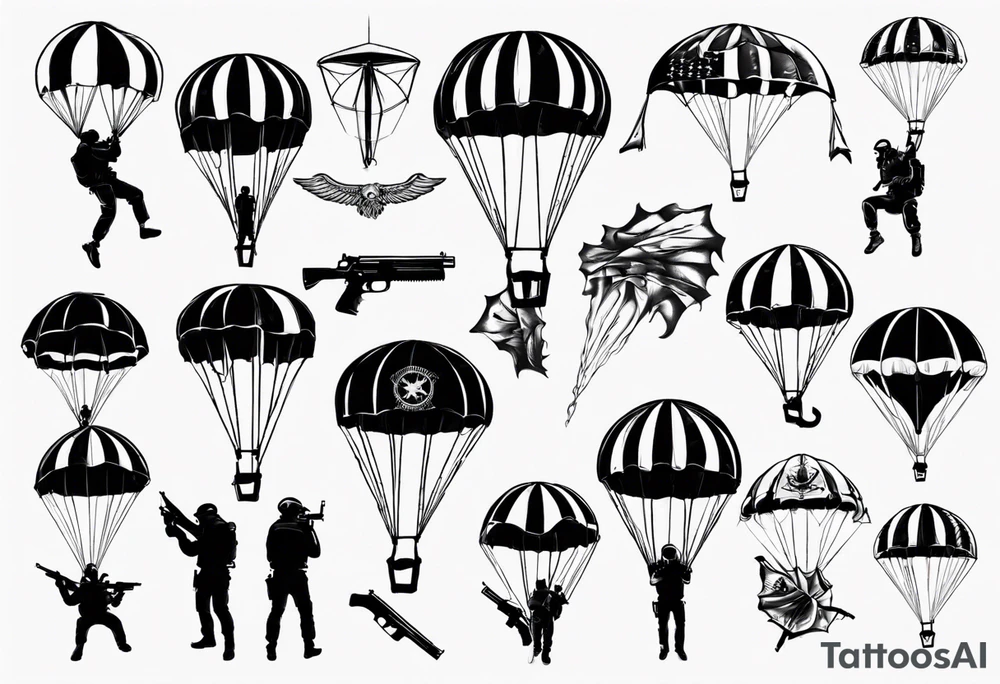 man parachute and shooting guns tattoo idea