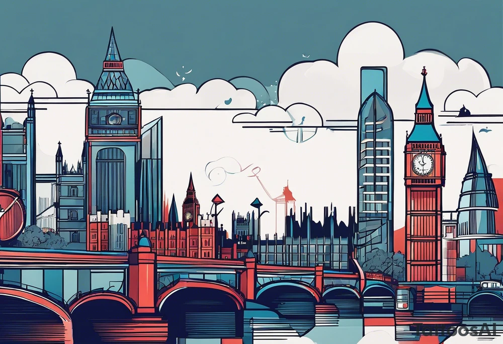 A minimalistic, abstract design capturing the architectural essence and vibe of London. Key elements of London’s skyline and structure are hinted at with clean lines, and subtle detailing includes personal touches, like a nod to Feid’s signature look (hat, glasses, mustache), integrated discreetly to honor a memorable concert experience. tattoo idea