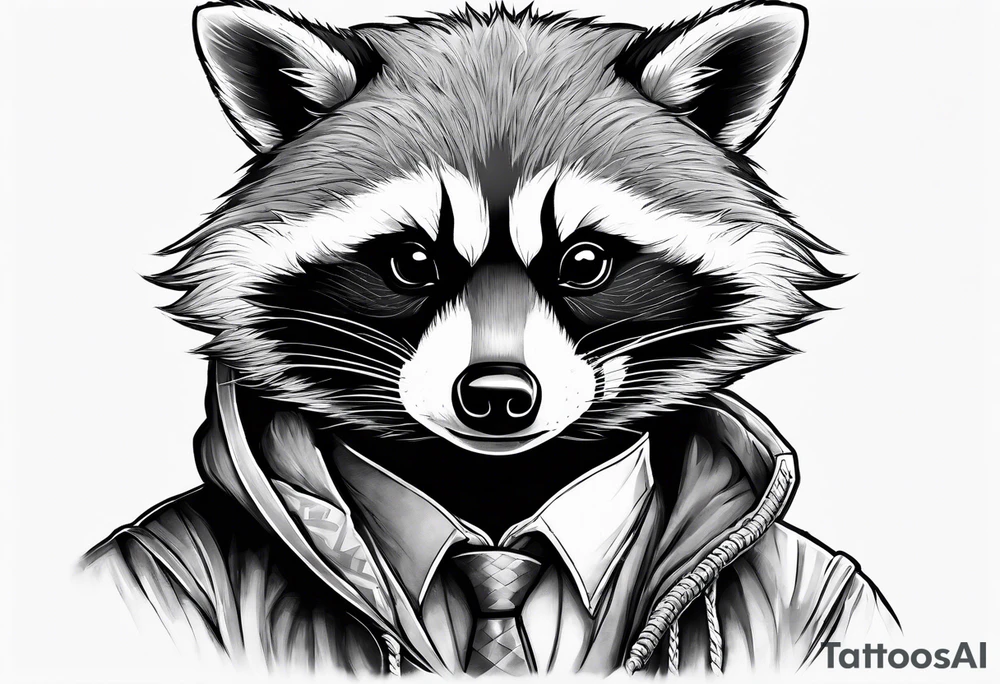 Raccoon wearing an orange Superman hoodie tattoo idea