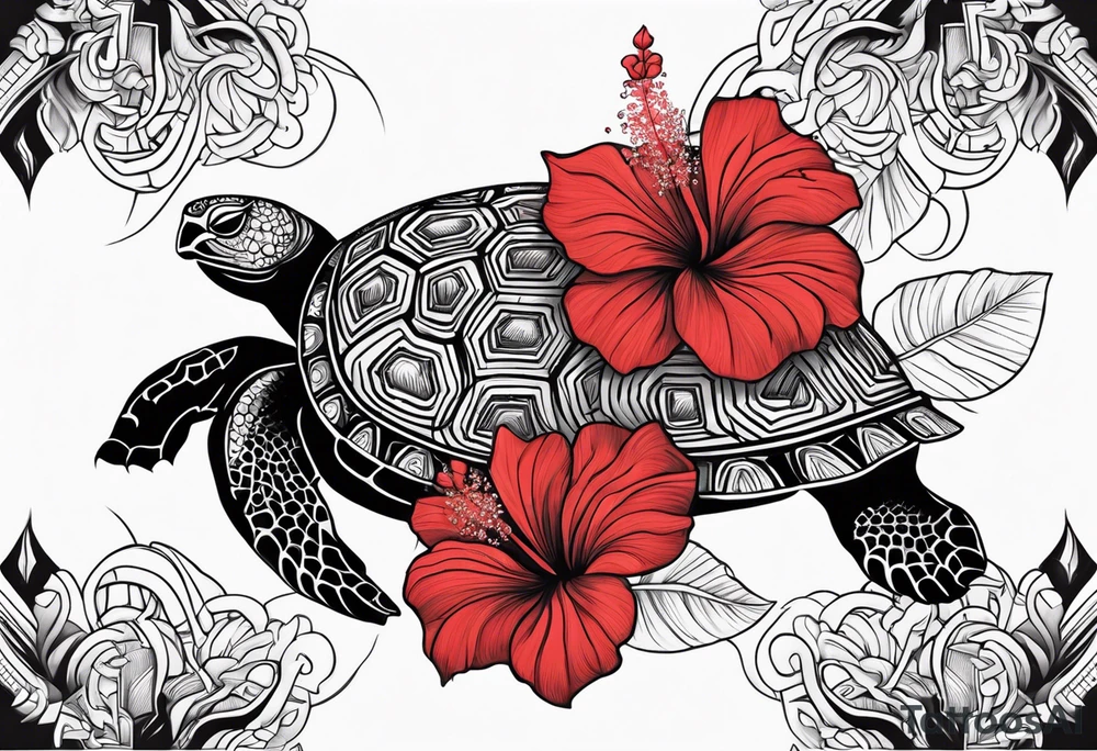 Black Polynesian turtle with red hibiscus flower in the middle of turtles shell tattoo idea