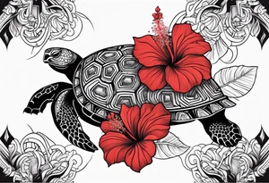 Black Polynesian turtle with red hibiscus flower in the middle of turtles shell tattoo idea