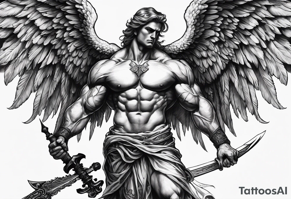 Blank muscular human angel being rising from the ground with one arm holding a balance scale and the other holding a sword. Very large angel/demon wings from each side of being. Powerful, dark, black and white tattoo idea