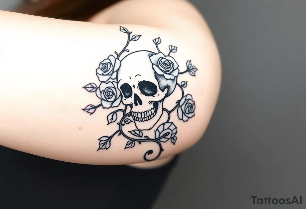 gothic skull intertwined with climbing roses and thorny vines tattoo idea