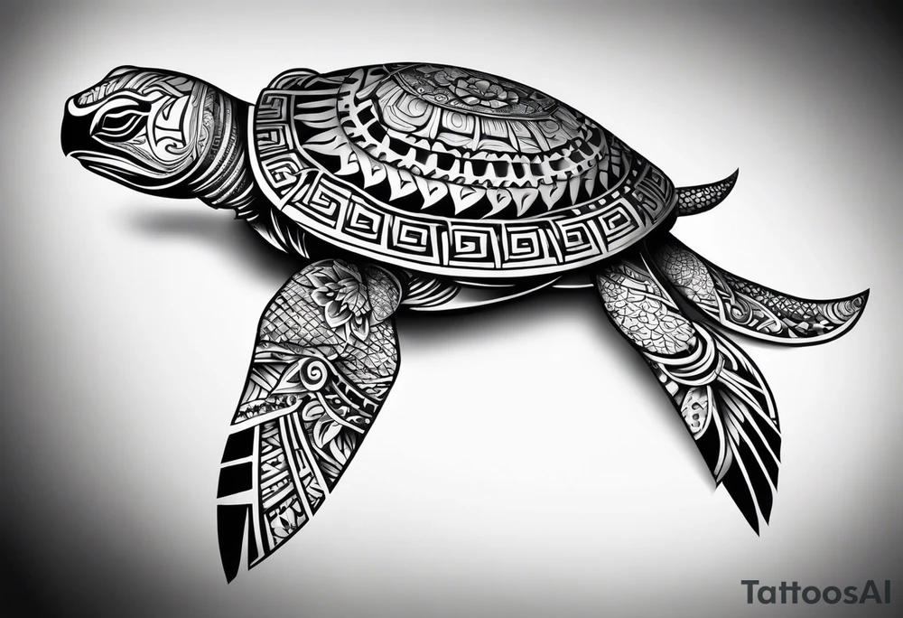 Full Polynesian tribal sleeve with turtle on top tattoo idea
