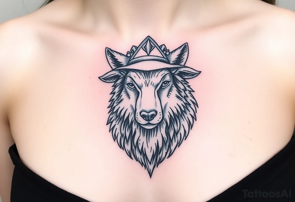 Wolf wearing a sheep like a costume with the sheep's head shapes to a hat tattoo idea