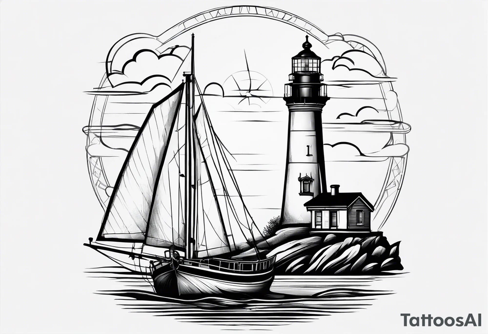 maritime lighthouse in a front view sailboat serving as a mast for a sail. tattoo idea