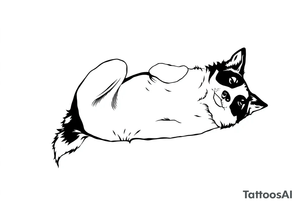 An illustration of a Border Collie tattoo in a minimalist feminine style. The design is elegant and delicate, created with a single continuous line, depicting the dog lying on its back, capturing the grace and character of the breed. tattoo idea