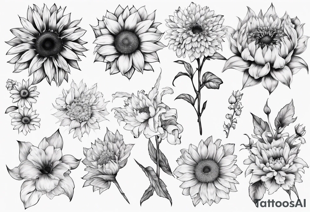 masculine tattoo blackwork
Sunflower, Chrysanthemum, gladiolus, Forget-me-not, Sakura tattoo idea
