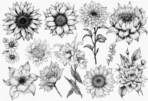 masculine tattoo blackwork
Sunflower, Chrysanthemum, gladiolus, Forget-me-not, Sakura tattoo idea