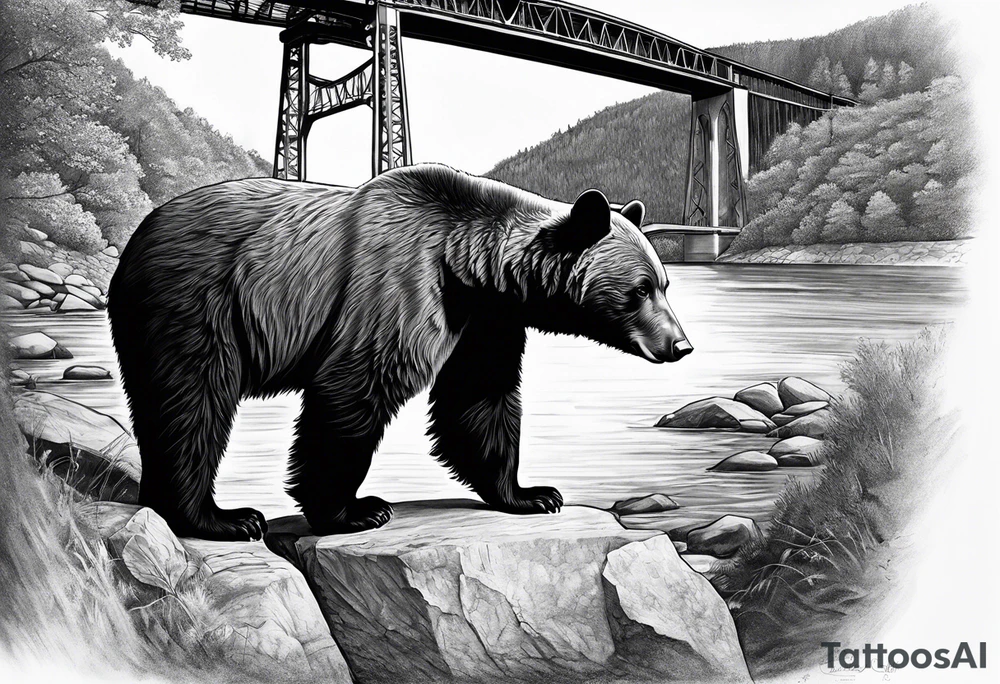 Large thigh tattoo, realism, black and white, black bear with the new river gorge bridge in the background tattoo idea