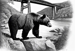 Large thigh tattoo, realism, black and white, black bear with the new river gorge bridge in the background tattoo idea