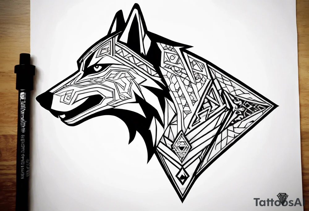 Legend of zelda link wolf in side profile muzzle facing th ebottom 
, in the center of his forhead is a diamond shape with a dot in the middle done in the style of black line work.  His mouth should be open snarling tattoo idea
