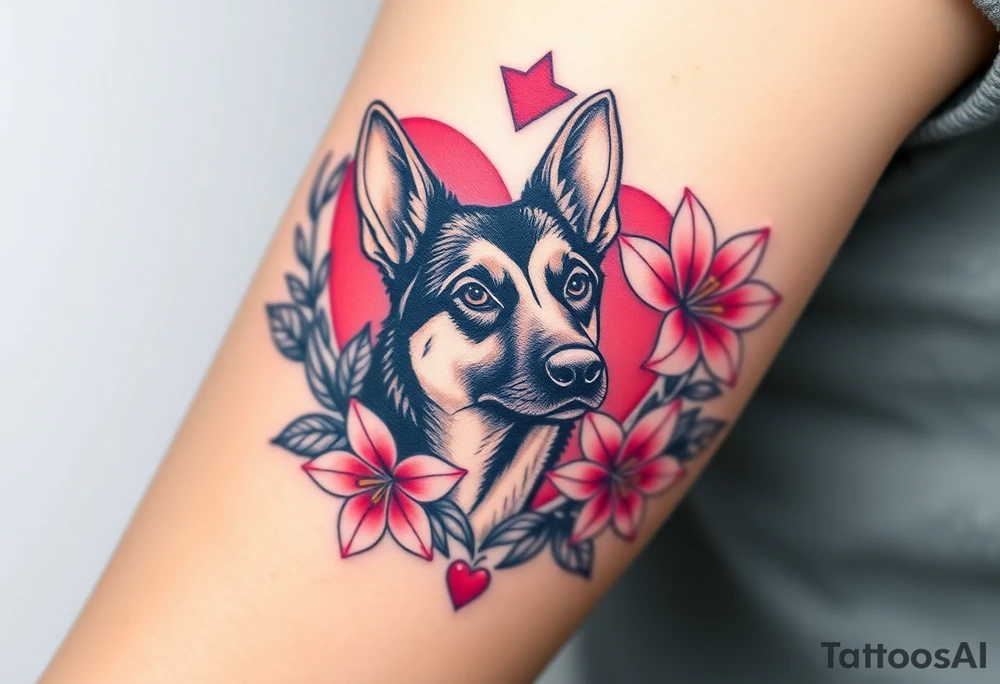 strong looking short haired german shepherd with alert ears surrounded by pink lilies with large leaves in front of a sacred heart tattoo idea