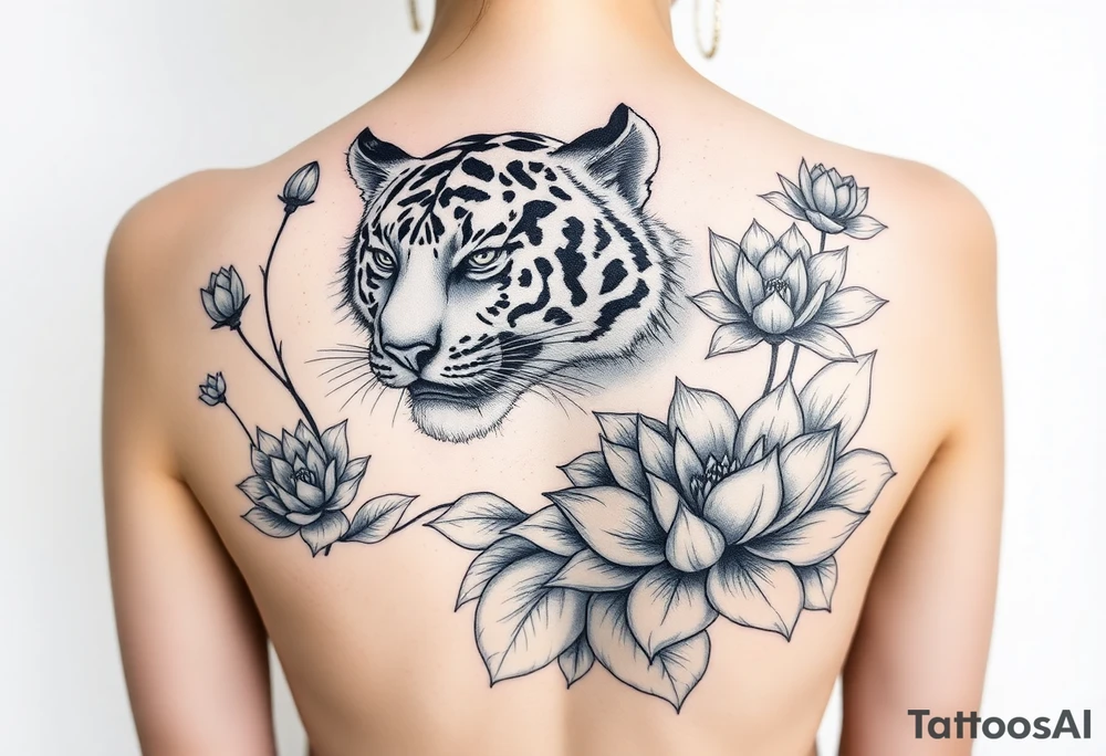 fierce tiger emerging through blooming lotus flowers in mist tattoo idea