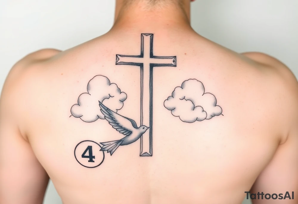 Big cross with clouds in the back with a dove a the bottom left of the forearm with a blue circle around it and the number 4 to the of the dove. all on forearm tattoo idea