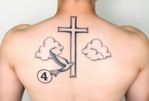 Big cross with clouds in the back with a dove a the bottom left of the forearm with a blue circle around it and the number 4 to the of the dove. all on forearm tattoo idea