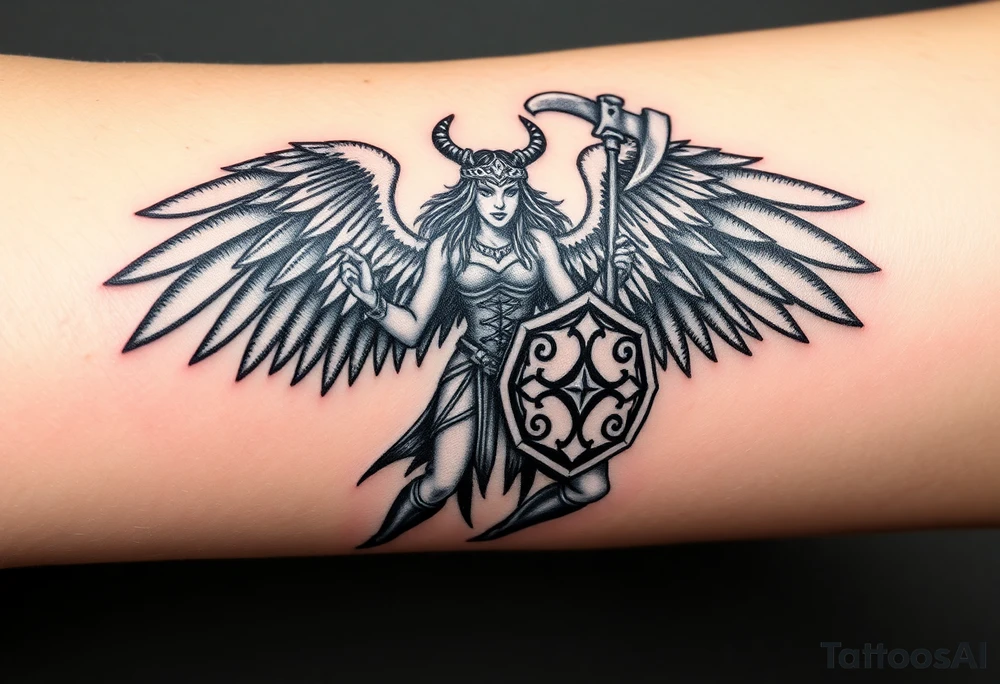 A fierce looking Valkyrie with very big dark wings. The whole body with legs should be visible. 
She's wielding a menacing axe and a sturdy shield with a vegvisir symbol. tattoo idea