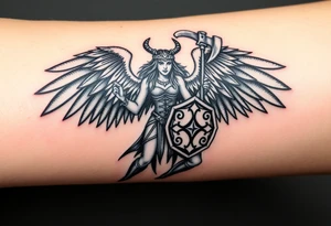 A fierce looking Valkyrie with very big dark wings. The whole body with legs should be visible. 
She's wielding a menacing axe and a sturdy shield with a vegvisir symbol. tattoo idea