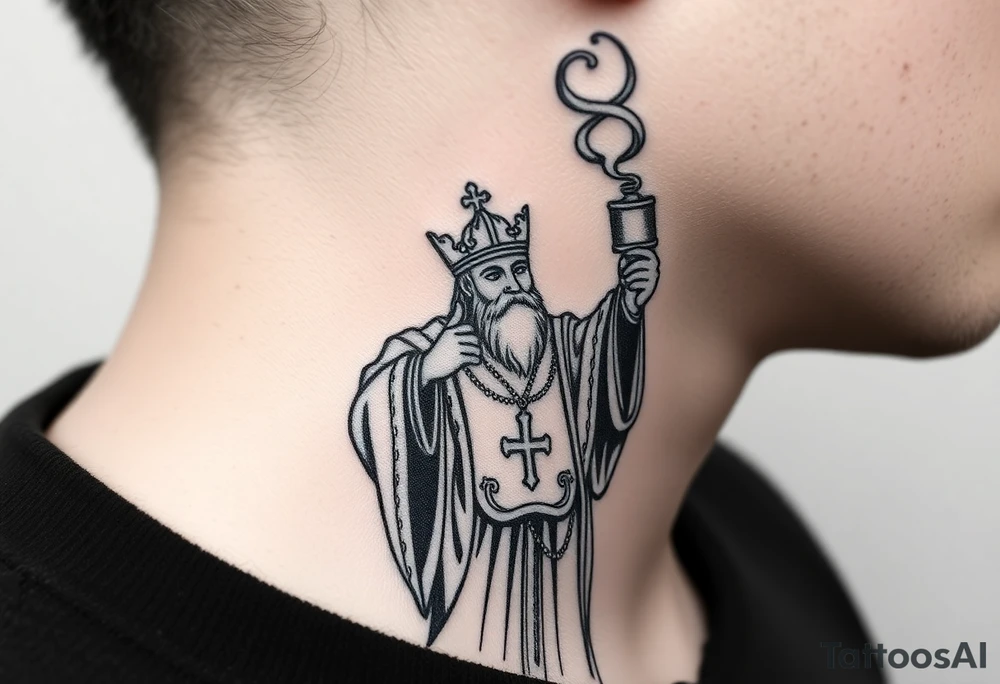 Russian Orthodox Priest in a fully detailed gold vestment swinging a censer with smoke curling upward tattoo idea