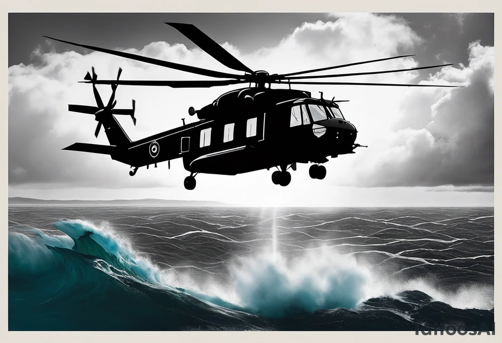 A cinematic-style tattoo depicting a Canadian military CH-148 Cyclone helicopter performing a daring maneuver over a turbulent ocean. The sky should be filled with dramatic clouds, and the sun should be setting, casting long shadows. The helicopter should be the main focus, with intricate details and a sense of motion. In the background, a poppy should be prominently displayed, and a quote from 'Lest We Forget' should be included tattoo idea