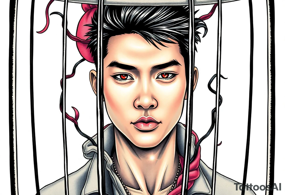 Handsome Asian young guy in evils cage tattoo idea