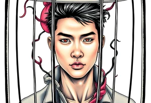 Handsome Asian young guy in evils cage tattoo idea