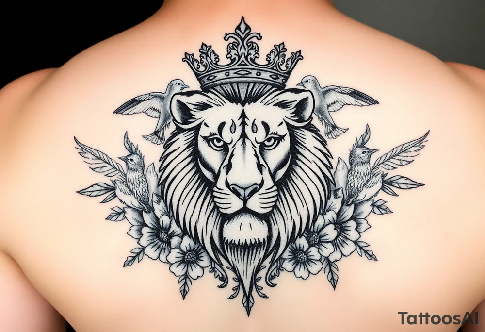 powerful majestic lion with a crown, surrounded by floral ornaments and birds tattoo idea