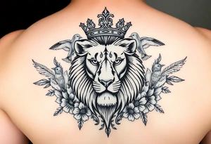 powerful majestic lion with a crown, surrounded by floral ornaments and birds tattoo idea