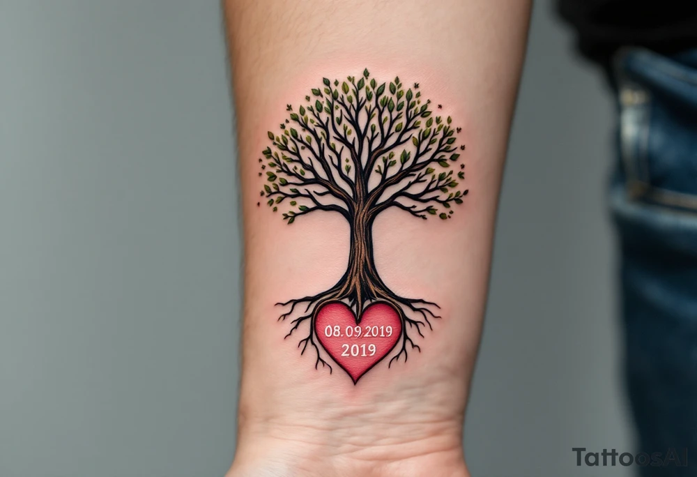 A tree with a strong trunk, and the roots forming a heart shape at the base with date "08. 09. 2019". Small leaves gently flutter around the branches. Earthy browns for the trunk, rich green for the leaves, and soft red and pink tones for the heart-shaped roots. tattoo idea