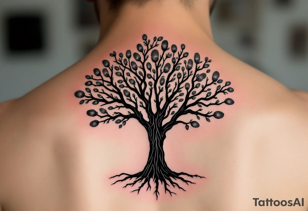 Black Ink Tree with Fingerprint Leaves – A solid black trunk and branches, with leaves shaped like fingerprints in shades of gray, symbolizing identity and uniqueness. tattoo idea
