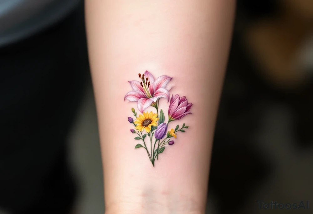 Small Stargazer lillies pale pink with no outline 
with small yellow sunflowers and sunflower buds and pale purple tulip buds in a dainty wildflower bouquet with light green stems. Low detail. tattoo idea