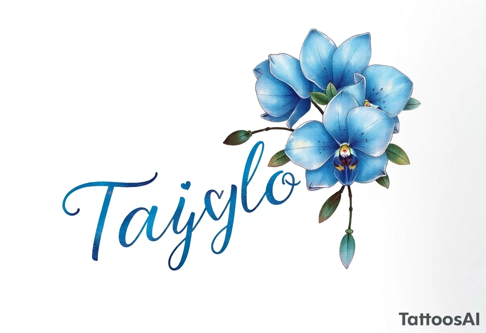 Taiylor spelled going down in a line with a ring as the “o” with hearts and blue orchid flowers behind the ear tattoo idea