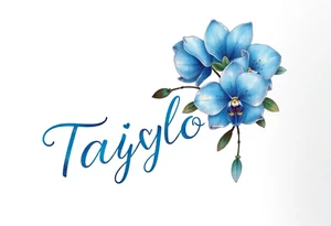 Taiylor spelled going down in a line with a ring as the “o” with hearts and blue orchid flowers behind the ear tattoo idea