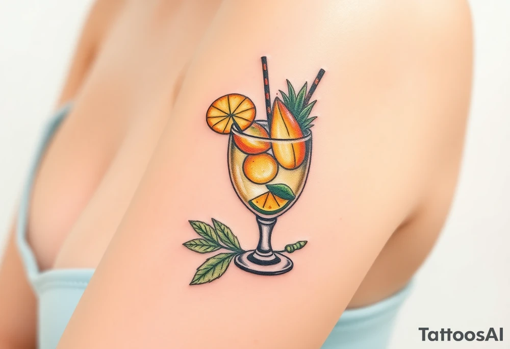 Fun island vacation cocktail in short glass with fun garnishes tattoo idea