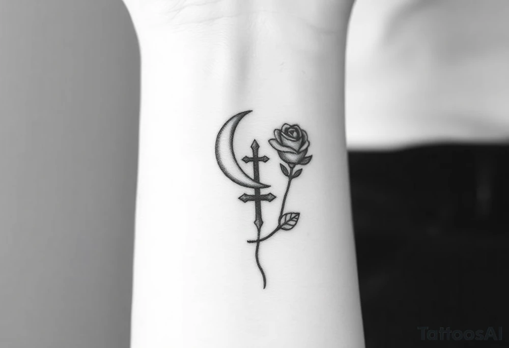 Can you make me a design for a tattoo with Lilith  symbol (half moon with cross just beneath attached to it)  a loose knot and a rose tattoo idea