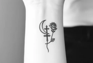 Can you make me a design for a tattoo with Lilith  symbol (half moon with cross just beneath attached to it)  a loose knot and a rose tattoo idea