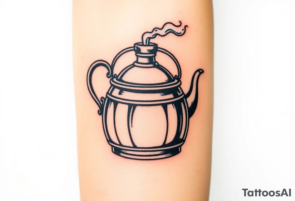 A traditional copper brewing kettle with steam rising, with an engraved brewery logo for a nostalgic and industrial look tattoo idea