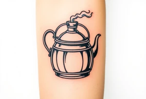 A traditional copper brewing kettle with steam rising, with an engraved brewery logo for a nostalgic and industrial look tattoo idea