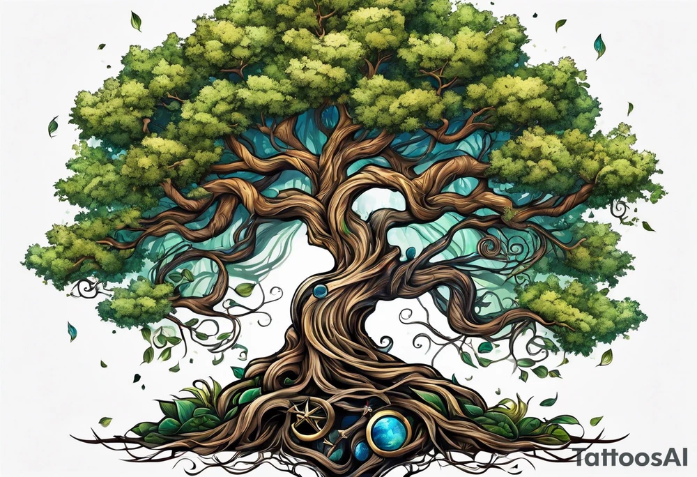tree with guitar neck as trunk and roots are an anchor tattoo idea