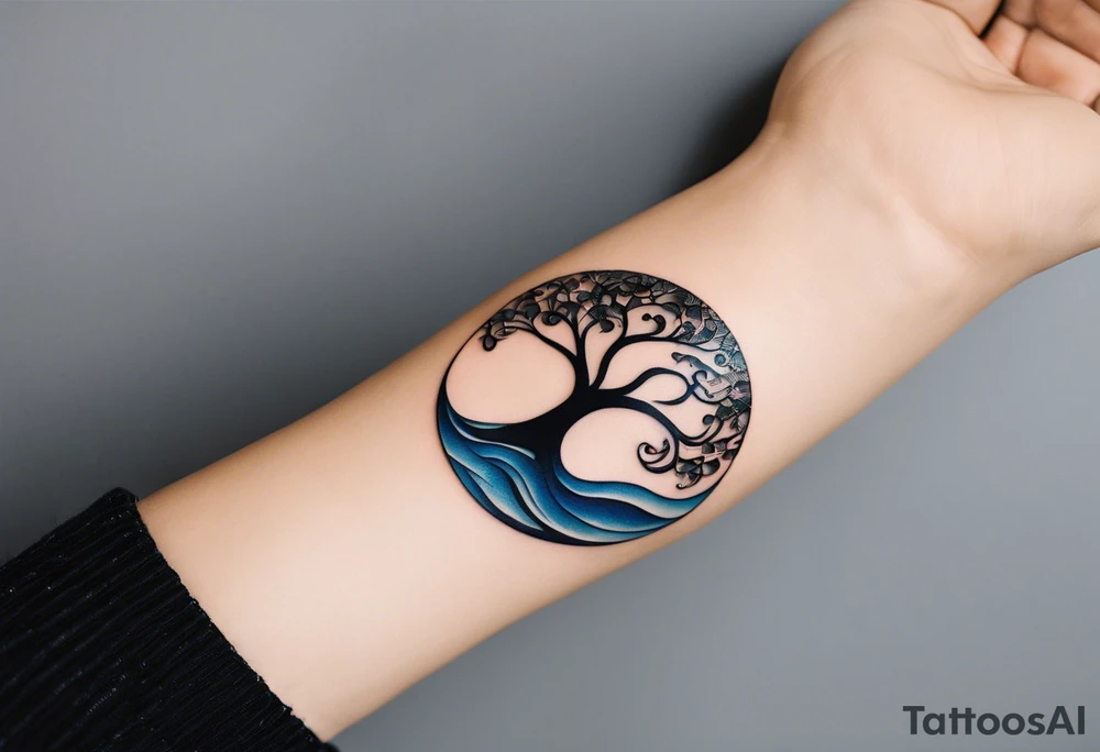 A tattoo of an abstract Tree of Life tattoo to be placed directly on the bicep of a woman. It can wrap around the arm a little. It should have roots growing out of the bottom. The roots slowly turn into water from the Great Wave by Hokusai. A golf flag should be placed discreetly growing out of the ground. 2 license plate tags should be hanging from the tree. Place a few music notes in the areas the leaves should be. The letters A U should be engraving into the tree trunk in a heart. Not inside a circle. The overall shape of the tattoo should be organic. Black and white only. tattoo idea
