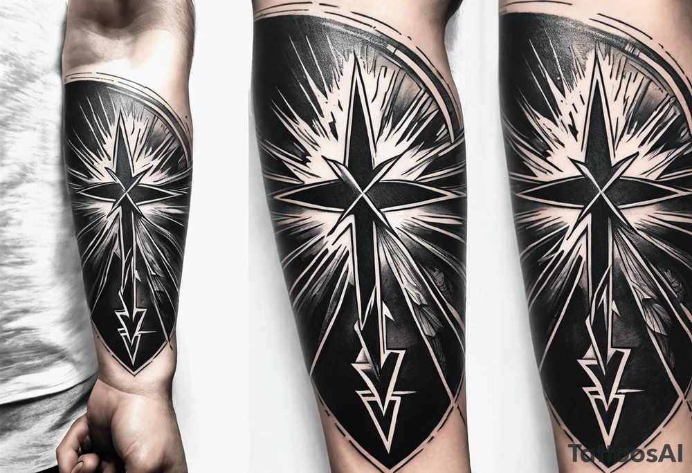 Cross with a lightning bolt forearm tattoo idea