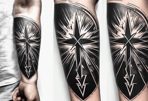 Cross with a lightning bolt forearm tattoo idea