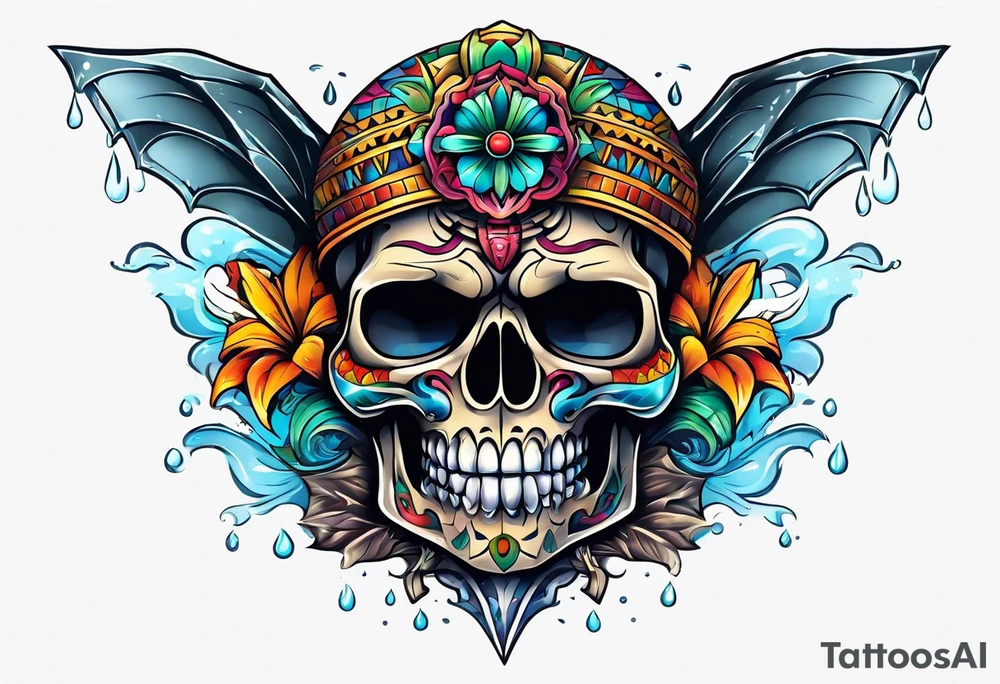 Colorful Mayan scull with water coming out of mouth with bats tattoo idea