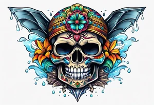 Colorful Mayan scull with water coming out of mouth with bats tattoo idea
