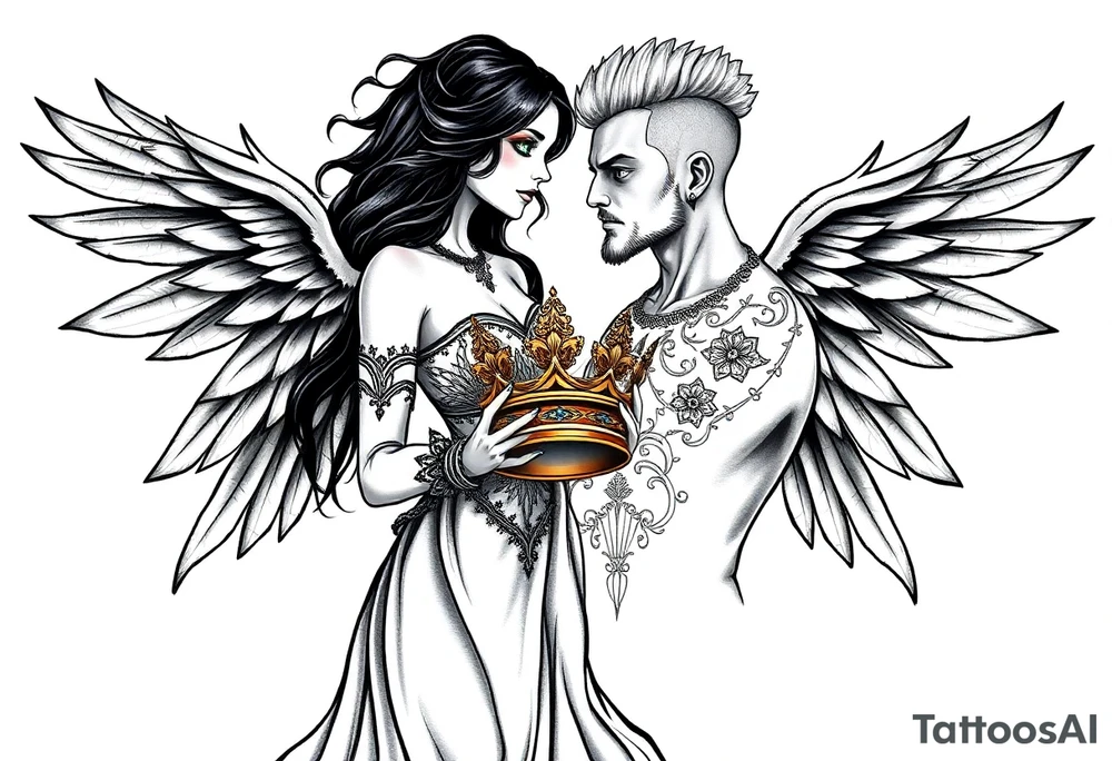 A Scorpio gypsy woman with wings like an angel and long black hair and green eyes holding a kings crown in her hands putting it on a tall man with silver short faux hawk hair and blue eyes. She is wearing a long flowing dress tattoo idea