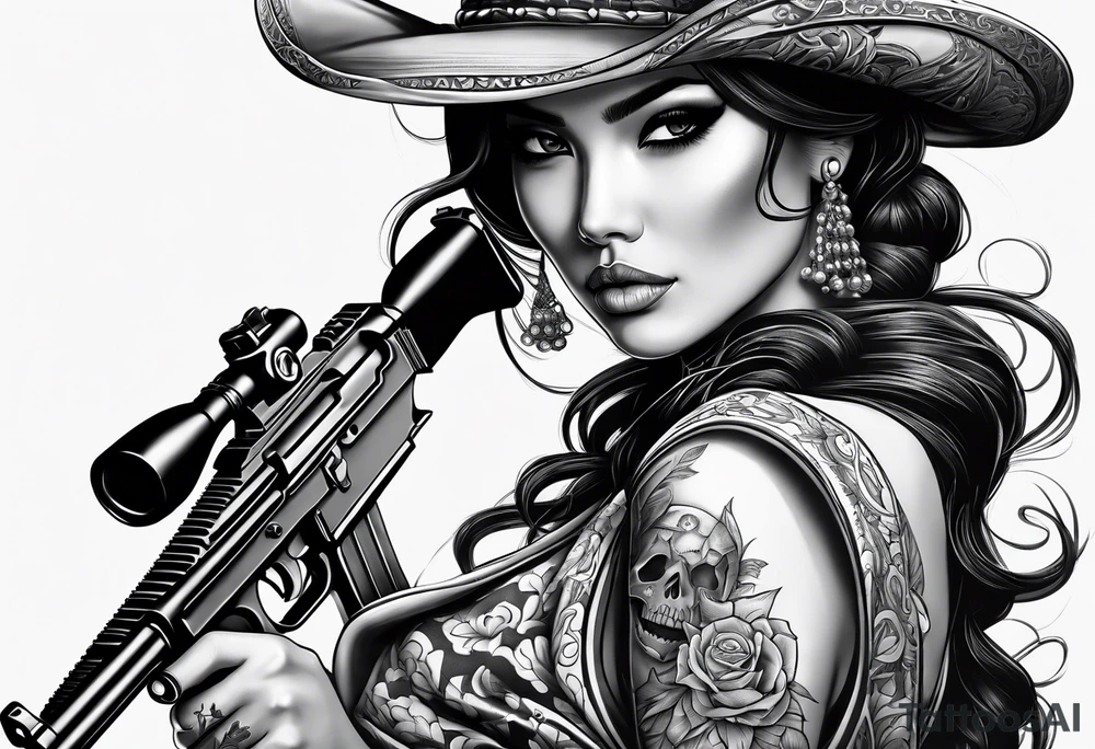 Chicano girl , skull , gun tattoo idea