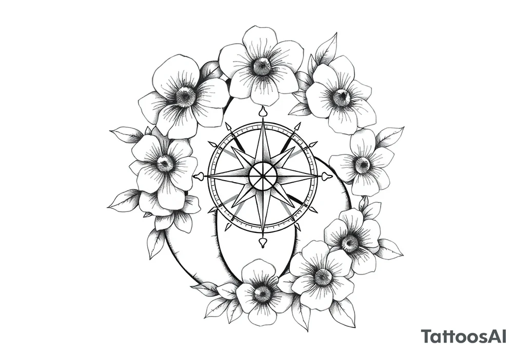 number 6 with flowers surrounding it and a nautical compass in the middle of the 6 and fleur des lis as the cross of the compass tattoo idea