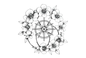 number 6 with flowers surrounding it and a nautical compass in the middle of the 6 and fleur des lis as the cross of the compass tattoo idea