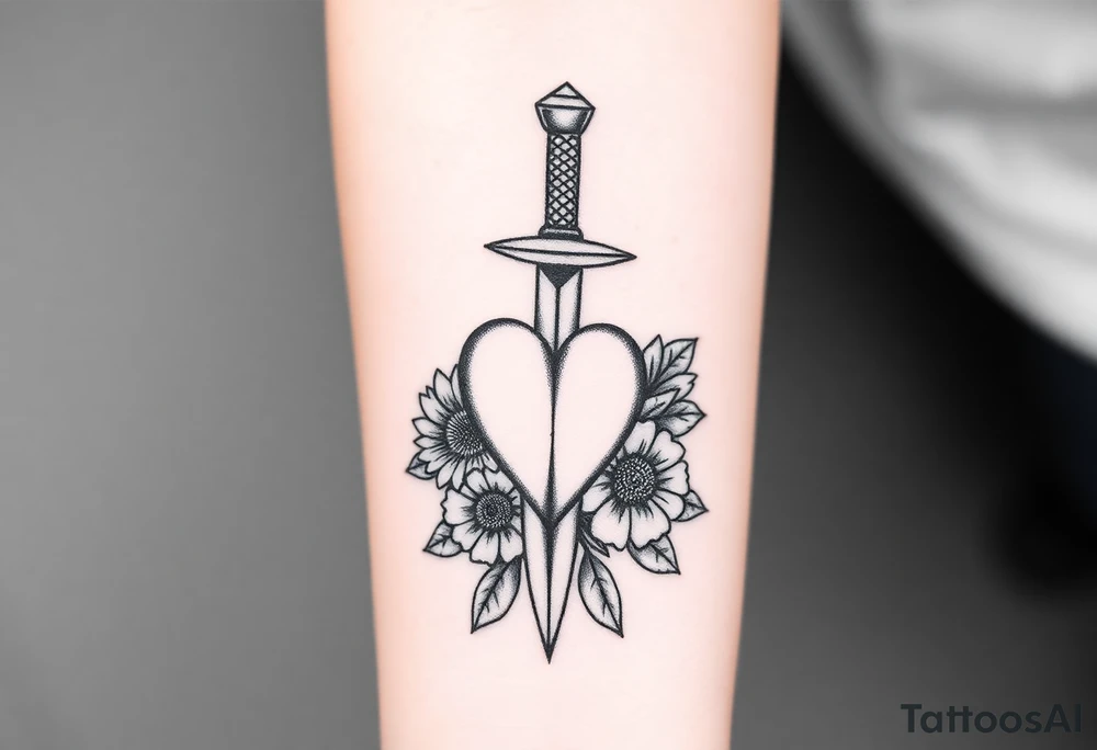 dagger piercing a heart with roses and sunflowers tattoo idea