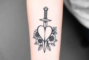 dagger piercing a heart with roses and sunflowers tattoo idea